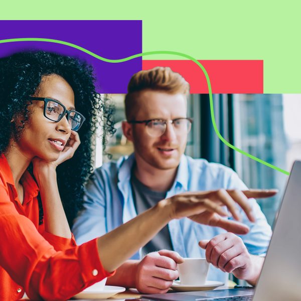 Two people looking at a laptop, one pointing at the screen. Purple and green background.