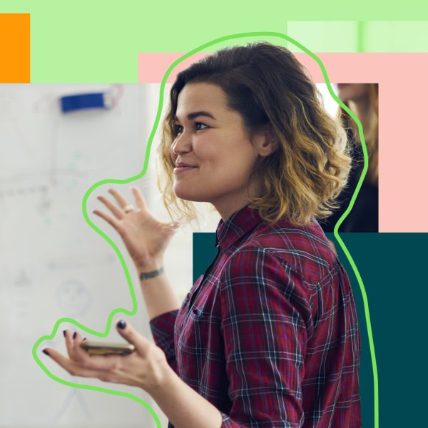 Person explaining something to another person with her hands in the air