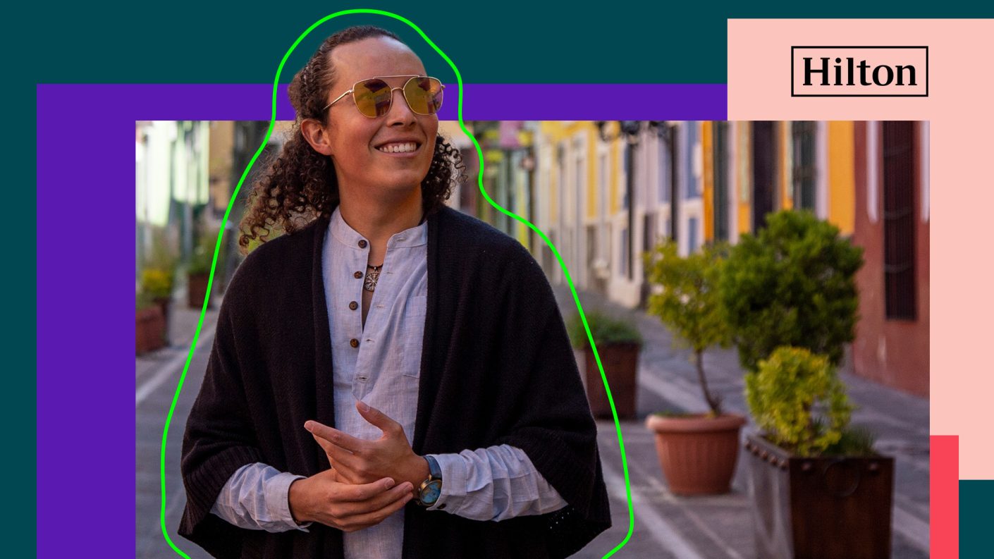 Tourist wearing sunglasses in Mexican village