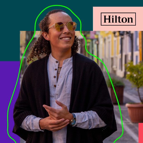 Tourist wearing sunglasses in Mexican village