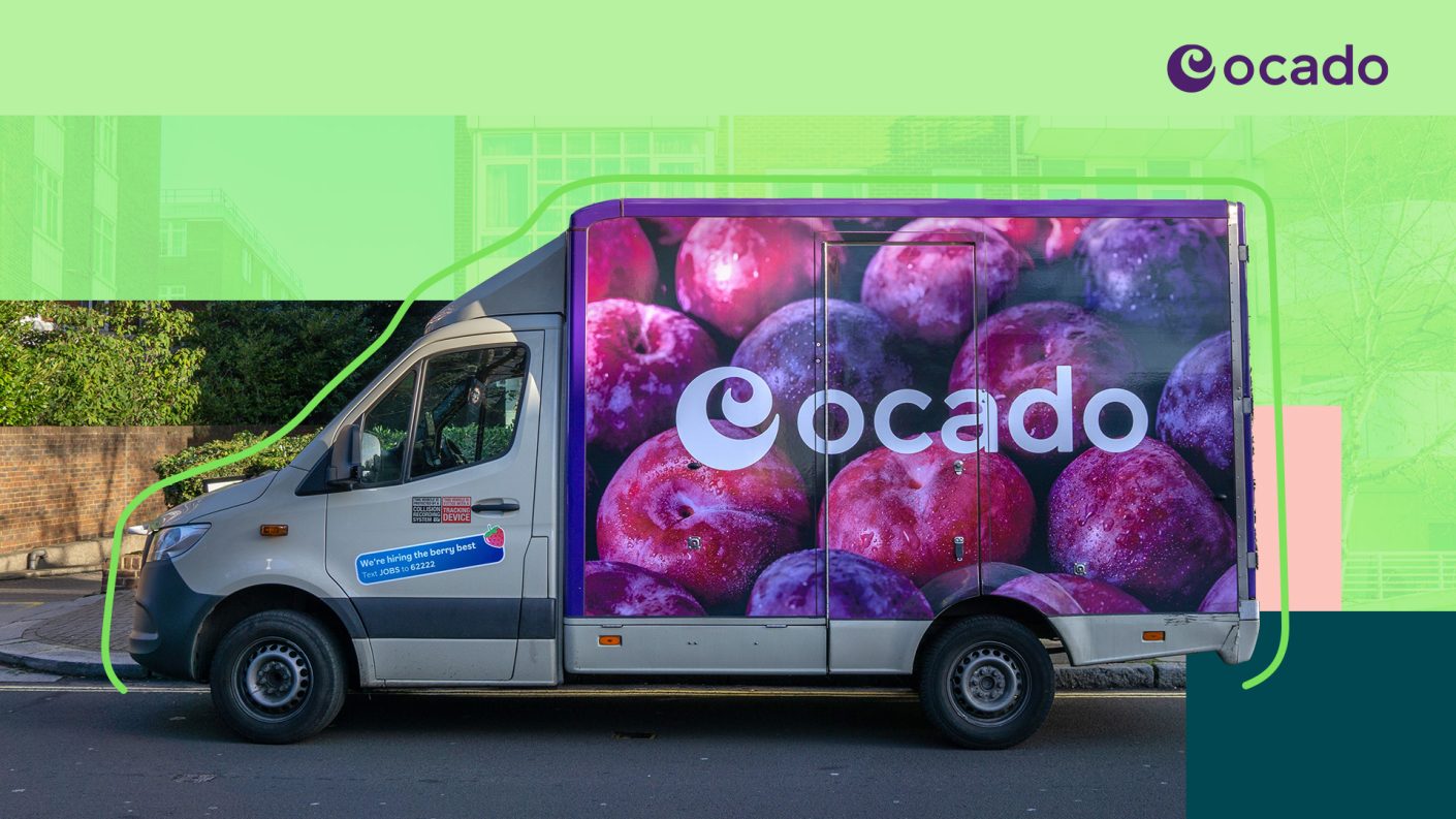 Side profile of an Ocado food delivery van with new purple branding on side